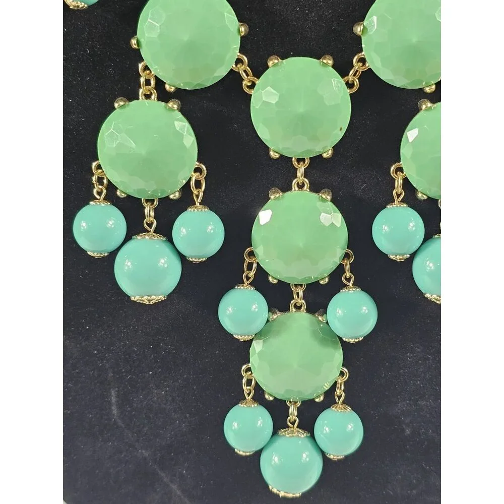Green Faceted Statement Necklace Gold Tone Chain Chandelier Bib Necklace Vintage